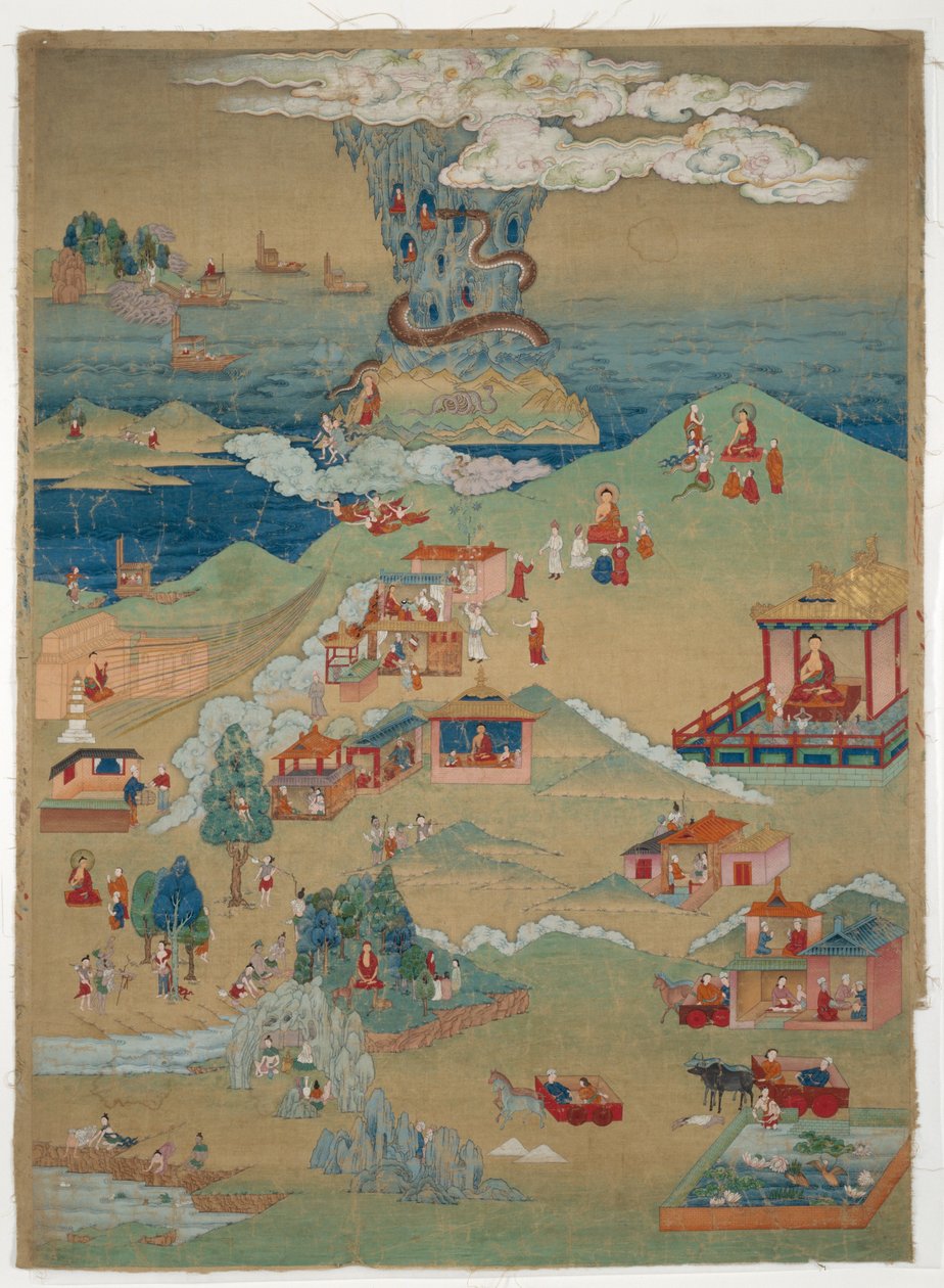 Målad banderoll (Thangka) med fem moraliska berättelser från Avadana Kalpalata Jataka av Unknown artist