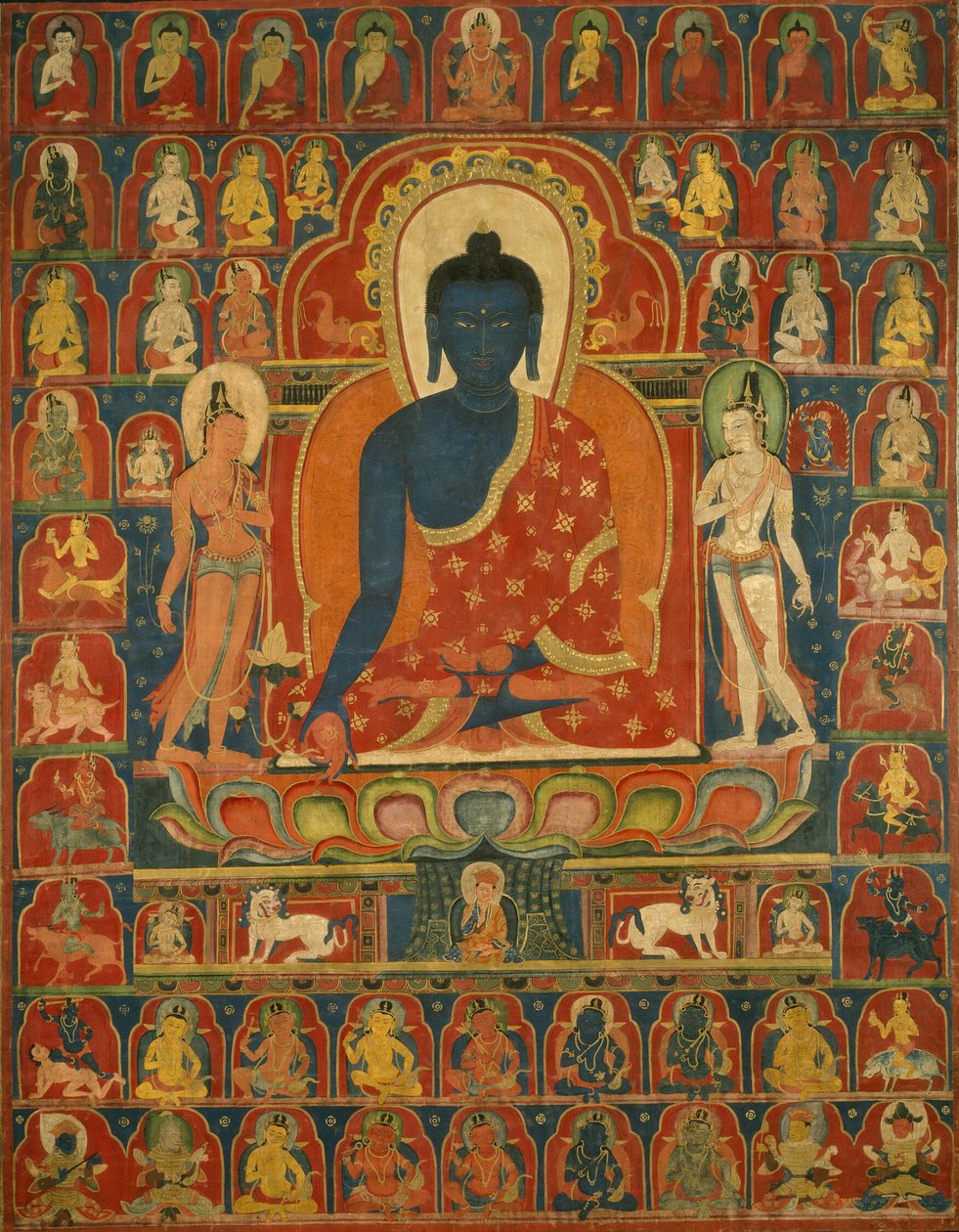 Målad banderoll (Thangka) med medicinbuddhan (Bhaishajyaguru) av Unknown artist