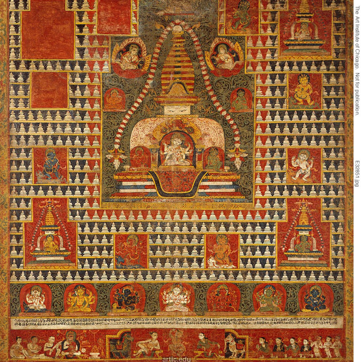 Målad banderoll (paubha) av gudinnan Ushnishavijaya i en gravhög (chaitya) och omgiven av chaityas av Unknown artist