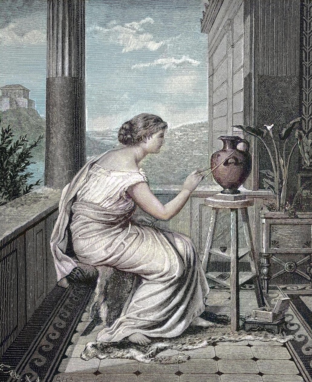 Målare, konstnär, ung grekisk kvinna som målar en vas, historisk, digital reproduktion av ett originalkonstverk från 1800-talet av Unknown artist