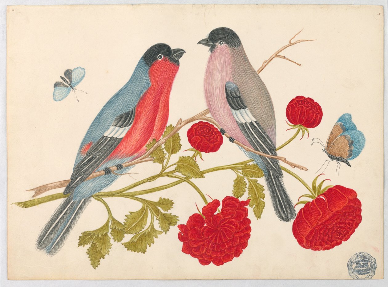 Ett par fåglar på gren med rosor och fjärilar av Unknown artist