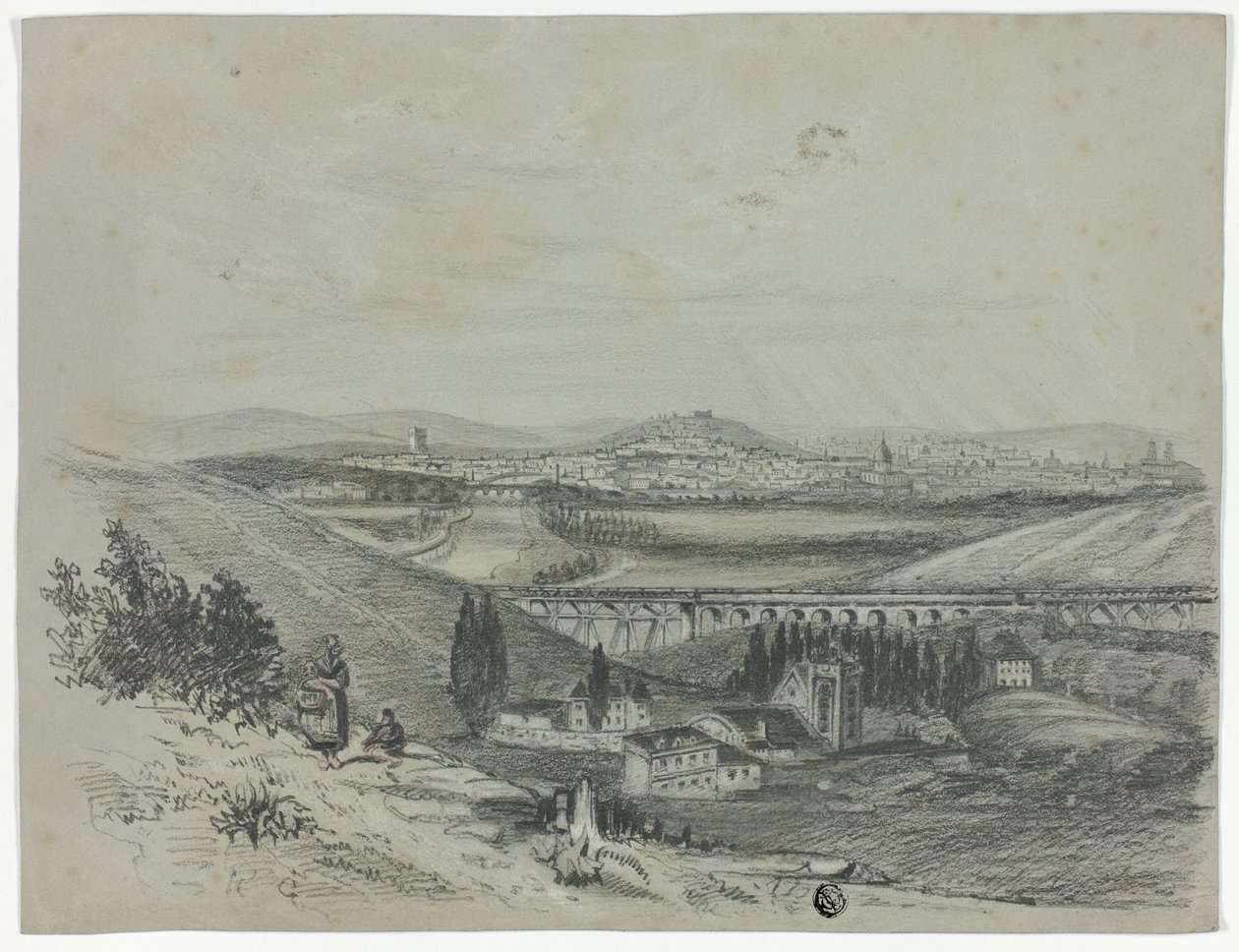 Panoramautsikt över en järnvägsbro och en stad av Unknown artist