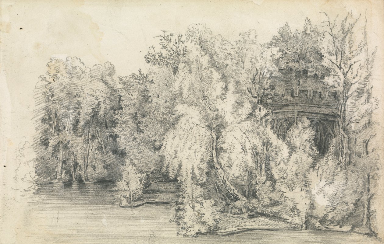 Del av en byggnad omgiven av en skog av Unknown artist