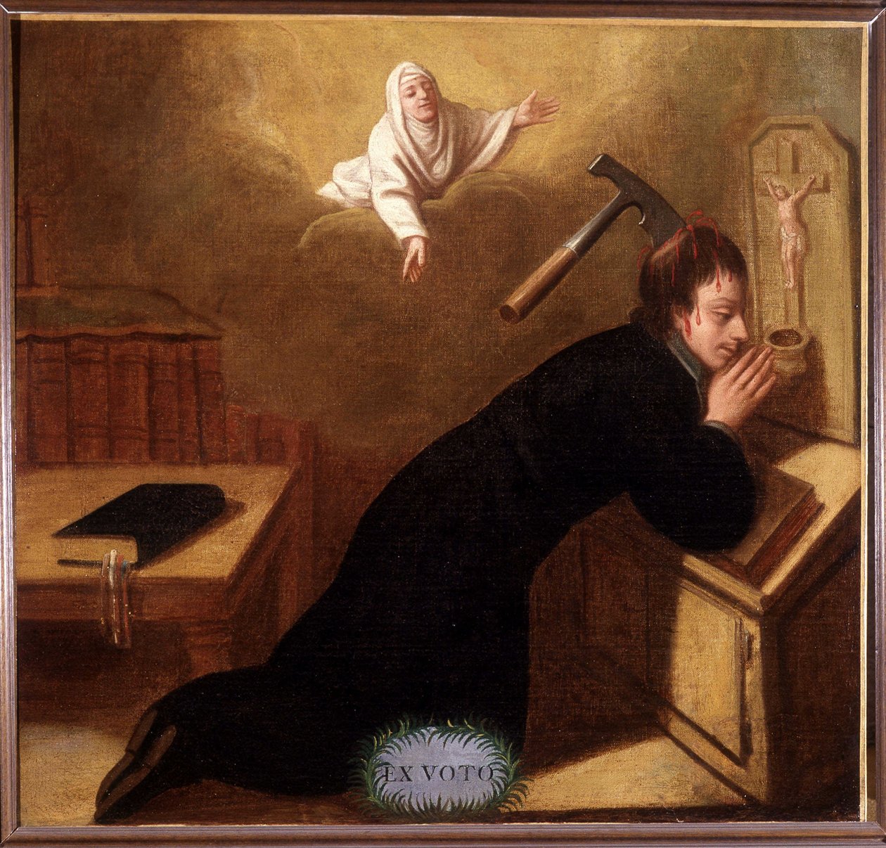 Pastor, en yxa planterad i skallen, räddad av Saint Anne i bön - Ex-Voto Sainte Anne d