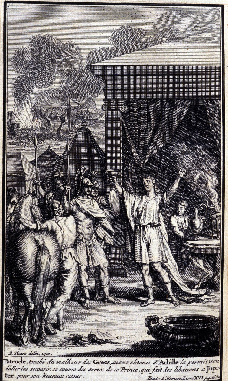 Patroklos berör grekernas olycka, efter att ha fått tillstånd av Akilles att gå och rädda dem, täcker sig med denna prinss vapen, som gör dricksoffer till Jupiter för hans lyckliga återkomst. Illustration av bok XVI av Iliaden av H av Unknown artist