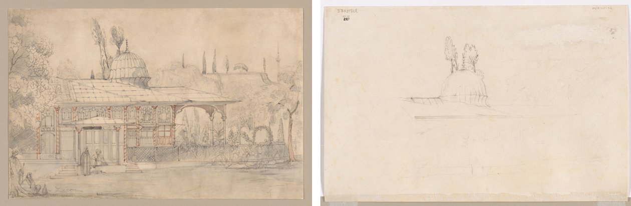 Pavilion Near a Mosque (recto) Skiss för Pavilion Near a Mosque (verso) av Unknown artist