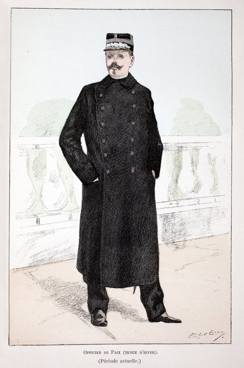Fredsofficer, vinterklänning (Lepineperioden). Etsning i färger, för illustration "History of the Corps of Peacekeepers""" bok publicerad under beskydd av Louis Lepine (1846-1933), prefekt för polisen på Seine, av Alfred Rey (1864-?) och Lou av Unknown artist