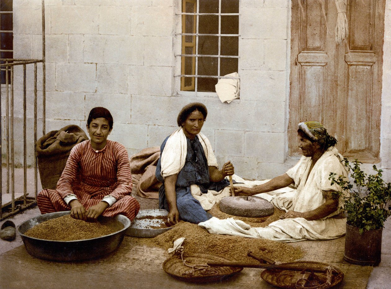 Bönder som gjuter vete i Jerusalem. Photochrome sd. mellan 1890-1900. av Unknown artist