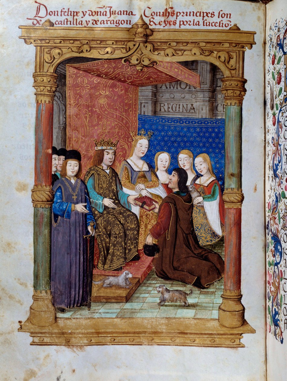 Pedro Marcuello presenterar sin bok för kung Filip I av Hasburg känd som den vackra (1478-1506) och drottning Joan Iere the Folle av Kastilien (1504-1555). Miniatyr i "" Andakt av drottningen Da Juana som de kallade galningen"" av Pedro Marcuello av Unknown artist