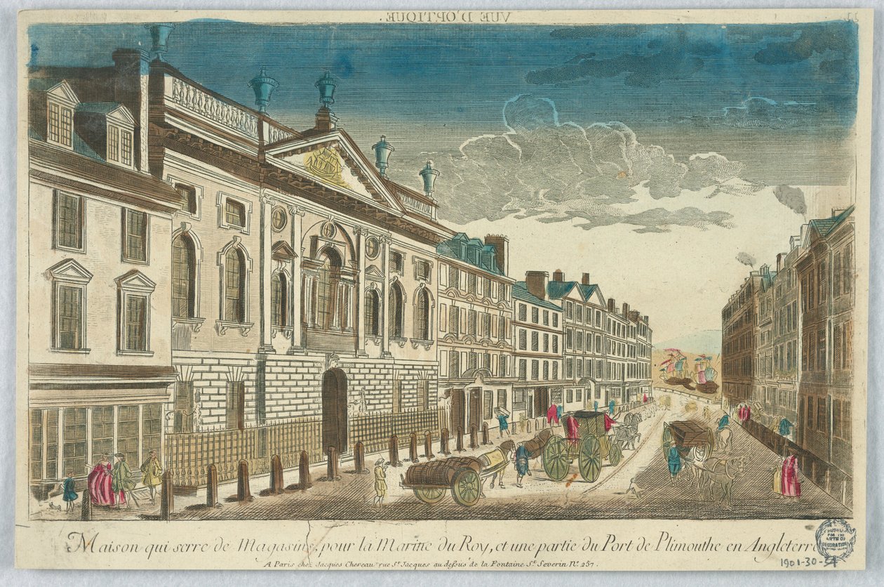 Peep-show, Maison Quiserie de Magasins, för Royal Navy, och en del av hamnen i Plimmouthe i England av Unknown artist