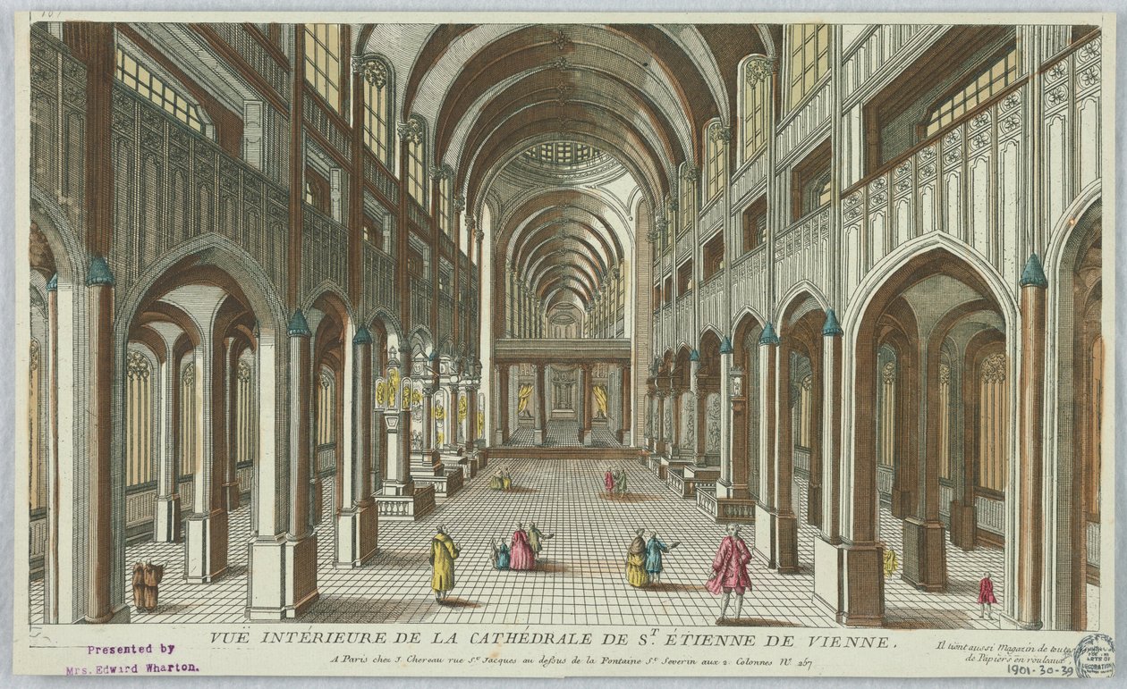 Peep-show, inre vy av katedralen St. Stephen i Wien; Chereau - Han lagrar också alla typer av papper i rullar av Unknown artist