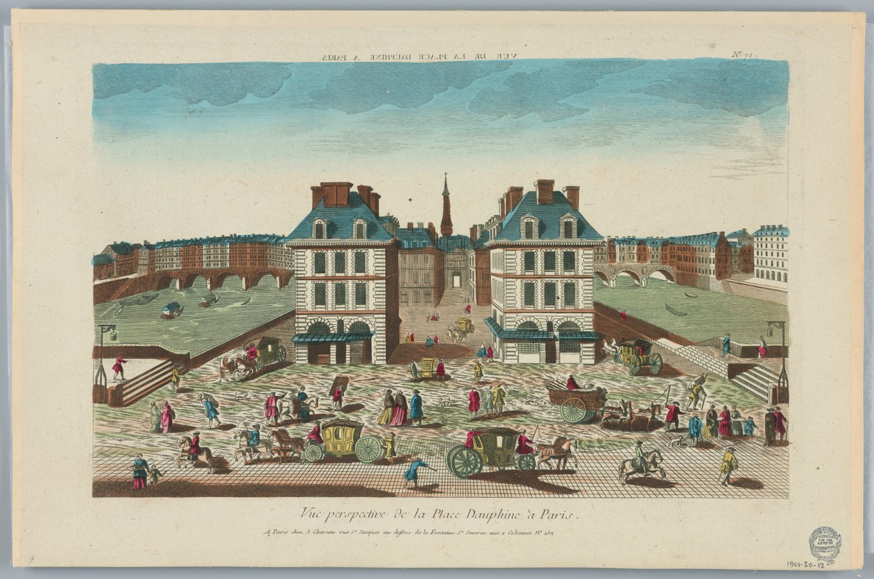 Peep-show, Perspektivvy av Place Dauphine i Paris, nr 71 av Unknown artist