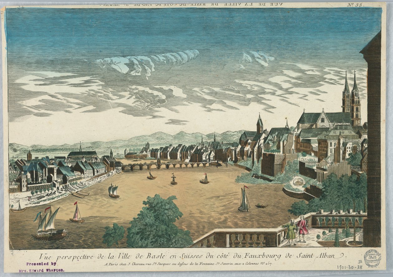 Peep-show, perspektivvy av staden Basel i Schweiz från Cote du Fauxbourg de Saint Alban, nr 33 av Unknown artist