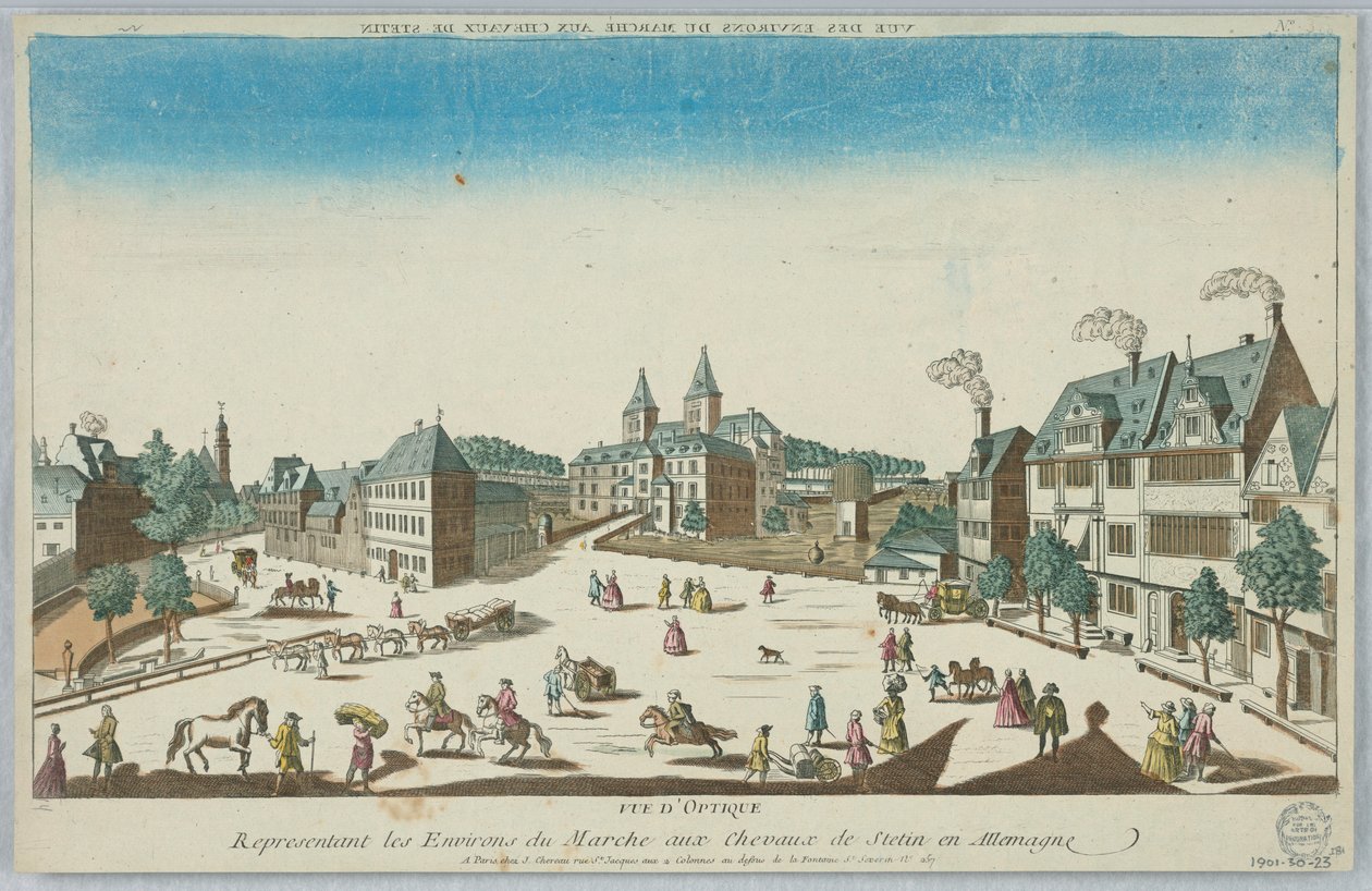 Peep-show, optisk vy som representerar omgivningen av Stetin Horse Market i Tyskland av Unknown artist