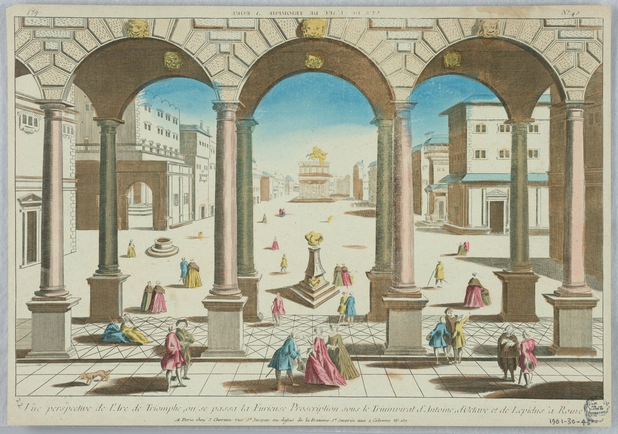 Peep-show, Perspektivvy av Triumfbågen, där det rasande förbudet hände under Antonius, Octave och Lepidus triumvirat i Rom, nr 45 av Unknown artist