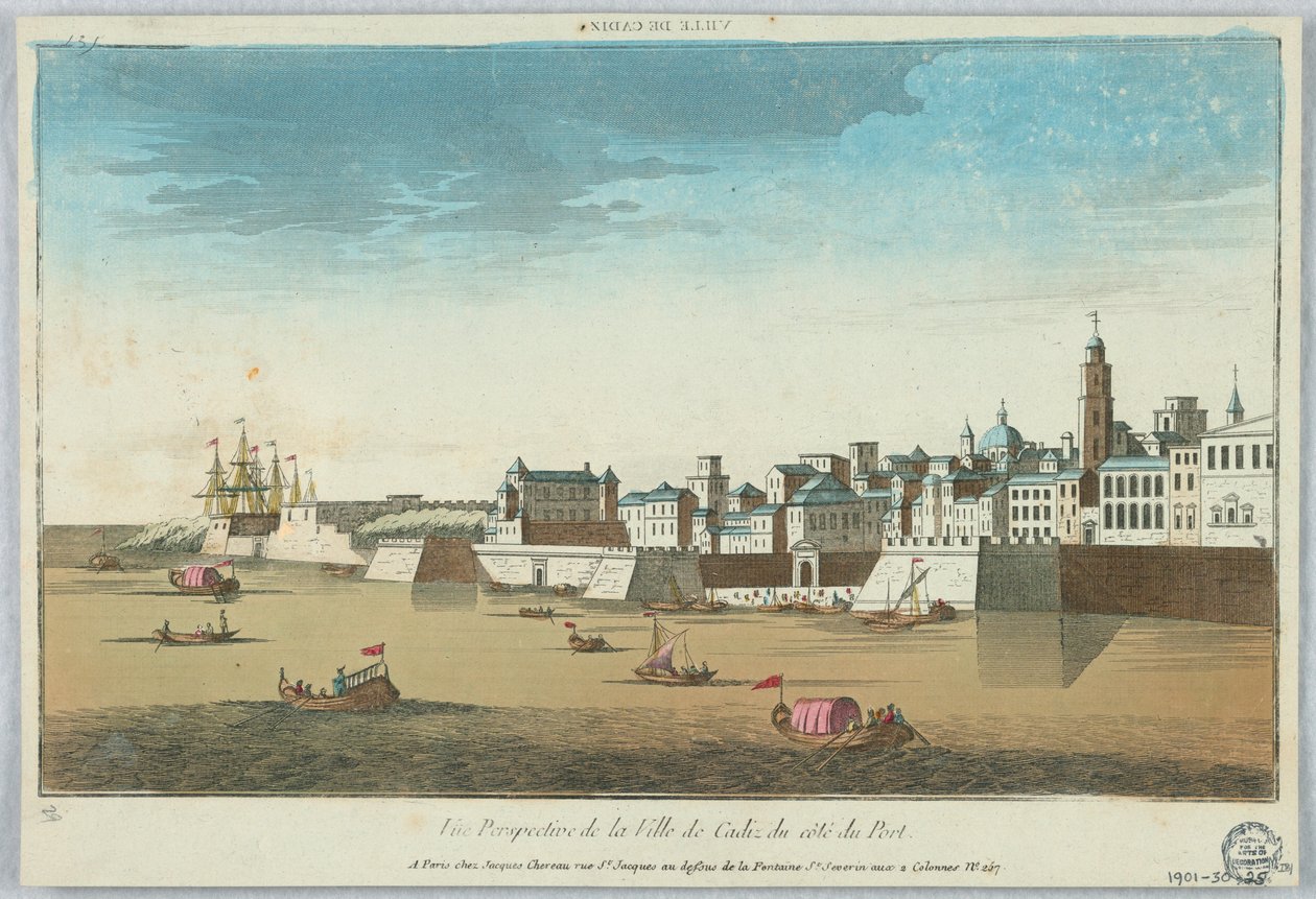 Peep-show, perspektivvy över staden Cadiz från hamnkusten av Unknown artist