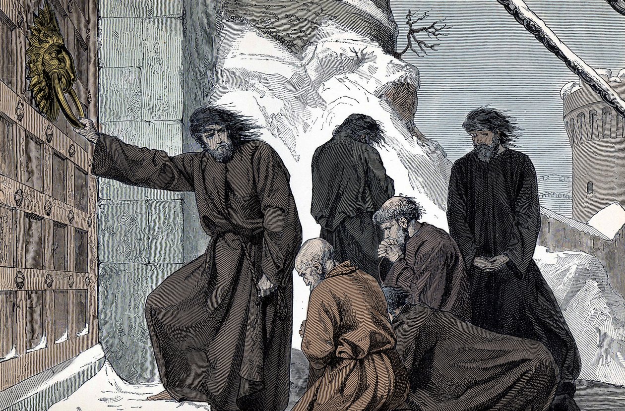 Henrik IV av Tysklands botgöring i Canossa - Den tyske kejsaren Henrik IV (1050 - 1106) a Canossa (den heliga romerske kejsaren Henrik IV:s botgöring, Canossa, Italien, januari 1077. Henrik står barfota i snön, iklädd en hårskjorta , för att övertyga P av Unknown artist