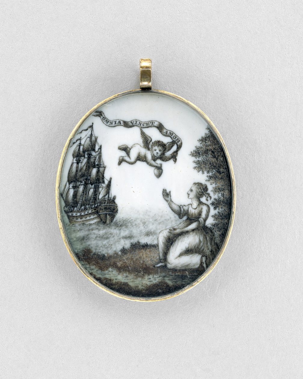 Hänge, ca 1750 (sepia på elfenben, guld, hår och glas) av Unknown artist