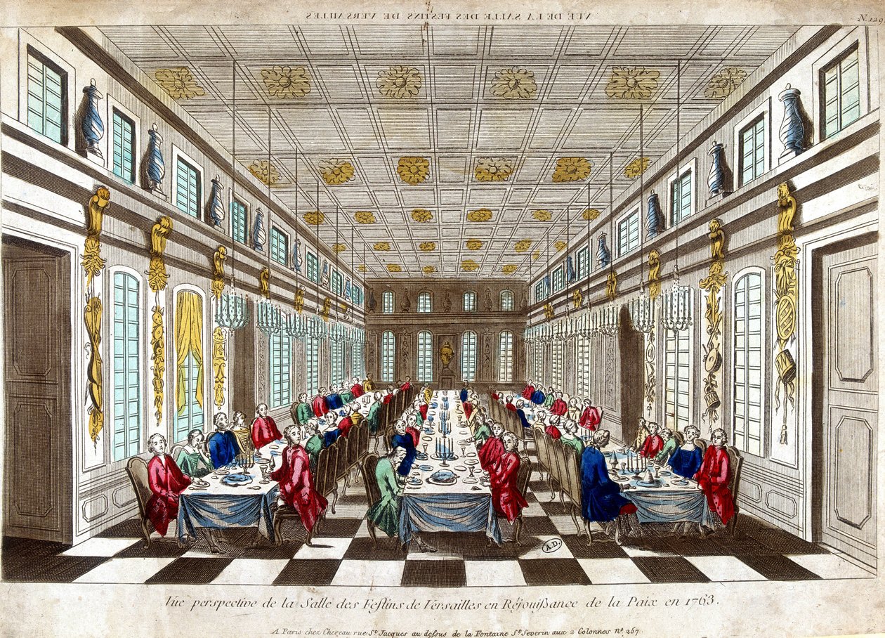 Perspektivvy av Salle des Festins de Versailles för att fira fred 1763 mellan Storbritannien, Frankrike och Spanien. av Unknown artist