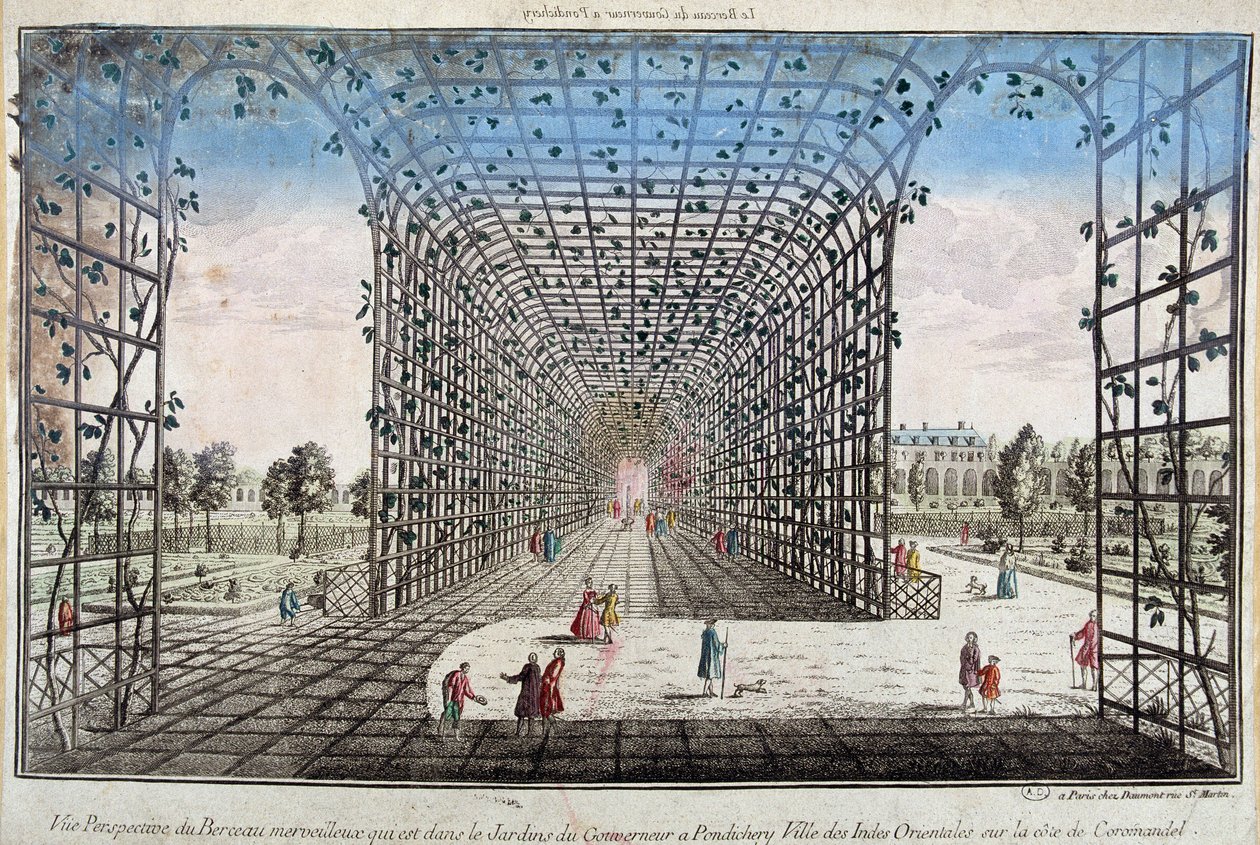 Perspektivvy av den underbara vaggan som finns i guvernörens trädgård i Pondicherry (Pondicherry), staden i Ostindien vid Coromandels kust - gravyr av Unknown artist