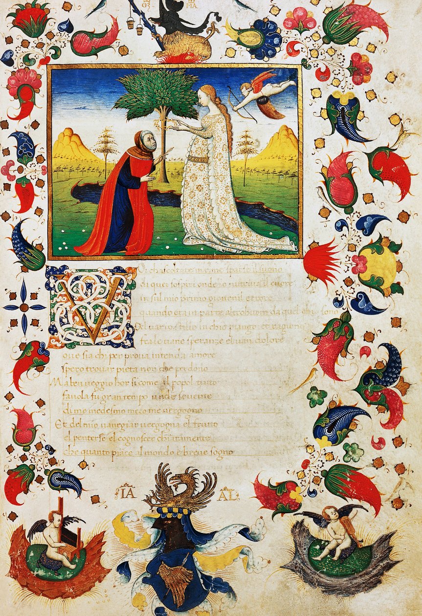 Petrarca träffad av Amors pil och bärande lagerkrona, inledning till sonnetten Du som hör ljud, på spridda ramsor, ur Trionfi av Francesco Petrarca (1304-1374), upplyst sida från 1400-talsmanuskriptet av Unknown artist