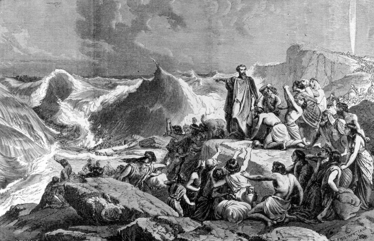 Farao nedsänkt i Röda havet. 1800-talsgravyr. av Unknown artist