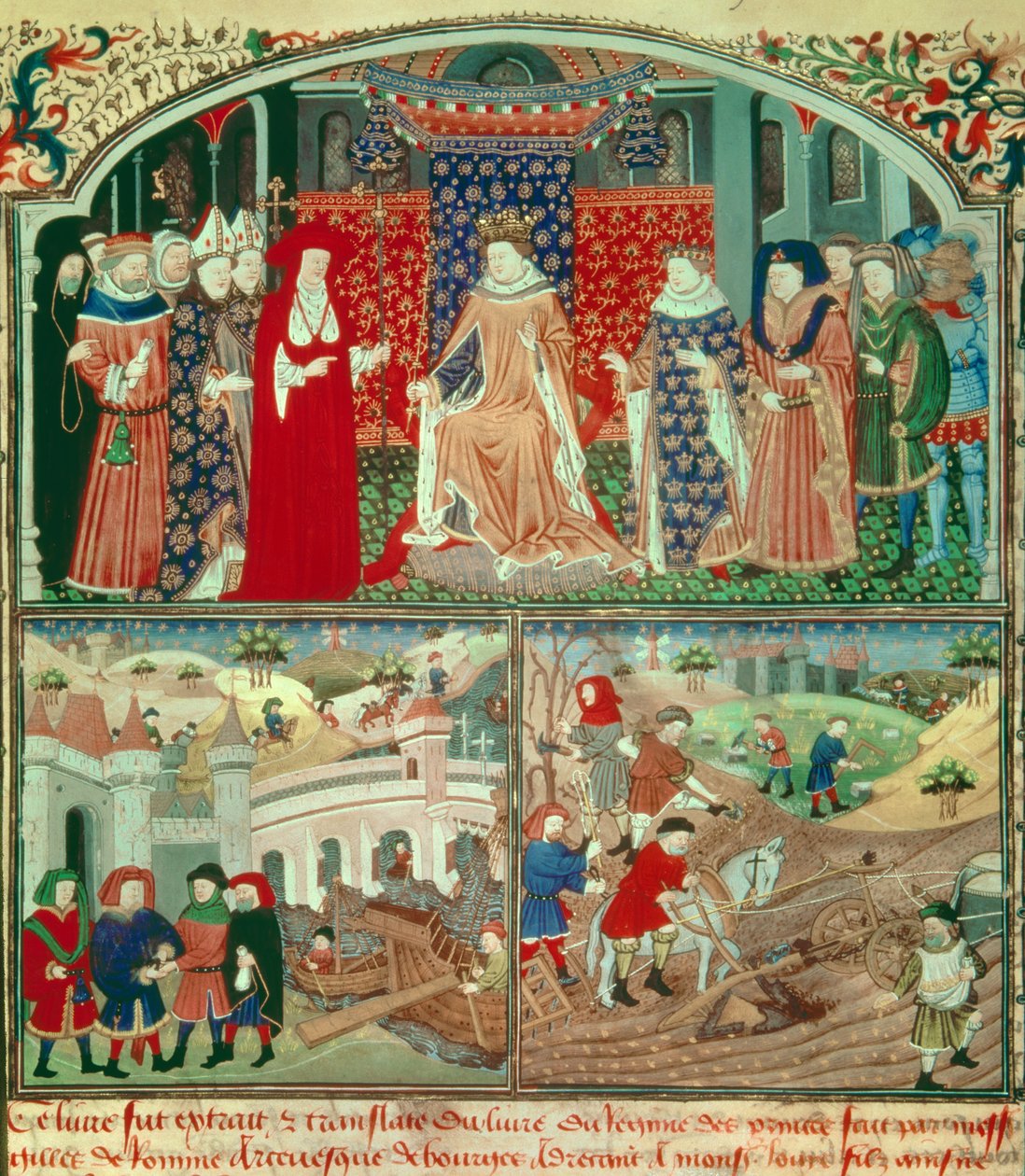 Philippe the Bel trunant (1268-1314) med plöjningsscen och handelsplats. Miniatyr i "" Livre du régime des princes"" av Gilles de Rome (v.1247-1316), Paris, B N av Unknown artist