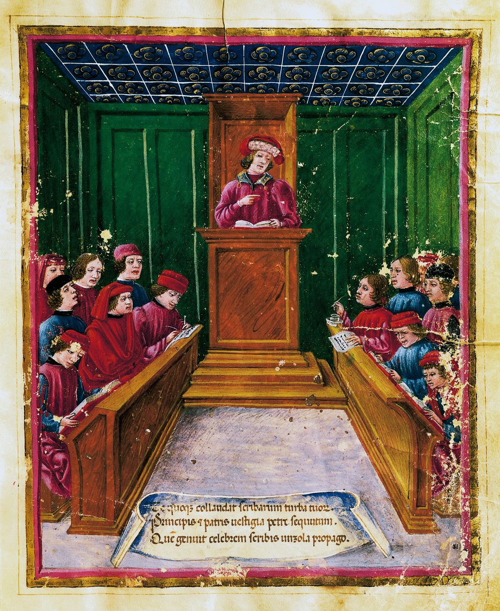 Pietro da Unzola föreläser från juridisk text för elever under juridikföreläsning vid universitetet i Bologna, miniatyr från Liber iurium et privilegiorum notariorum Bononiae manuskript, Italien av Unknown artist