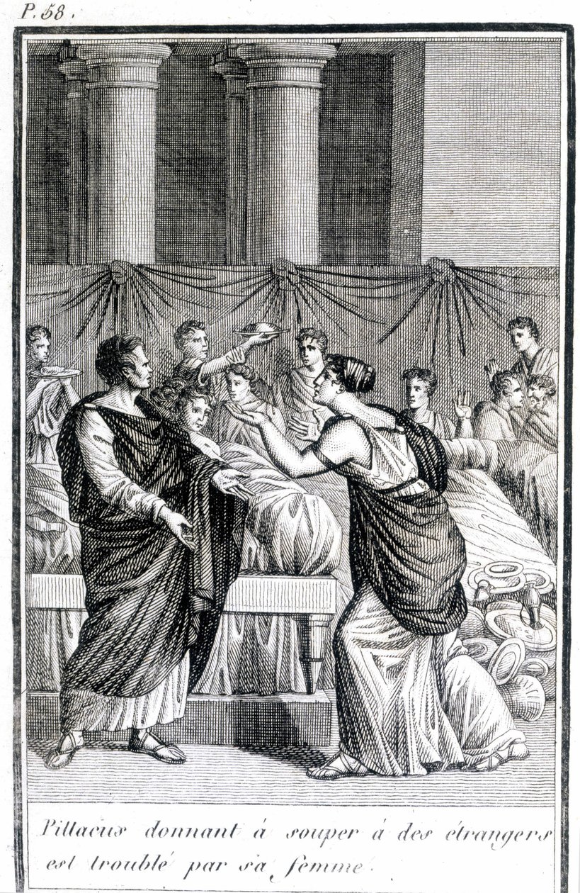 Pillacus ger middag till främlingar är orolig av sin fru. av Unknown artist