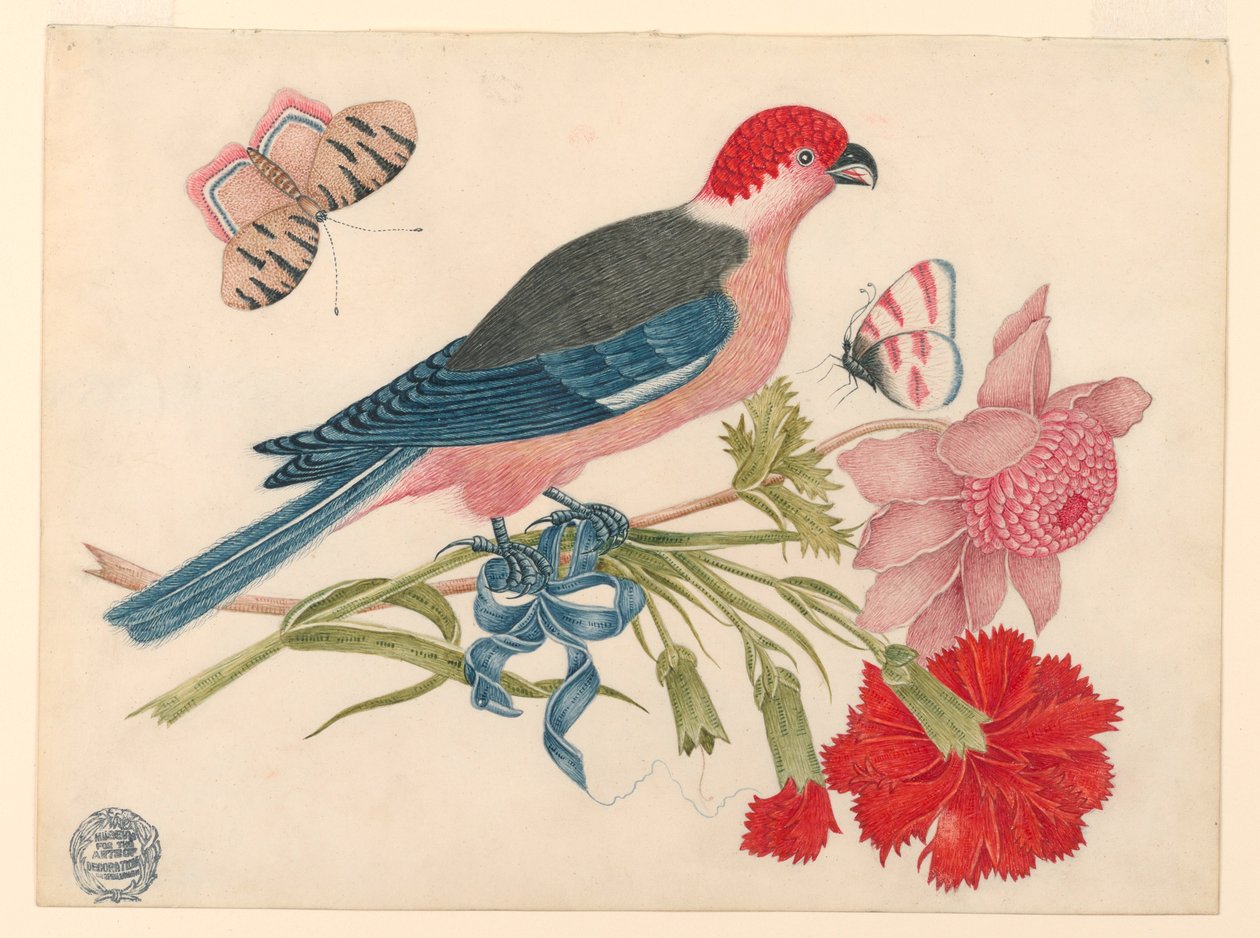 Rosa, röd, blå och svart fågel på gren med blommor och fjärilar av Unknown artist