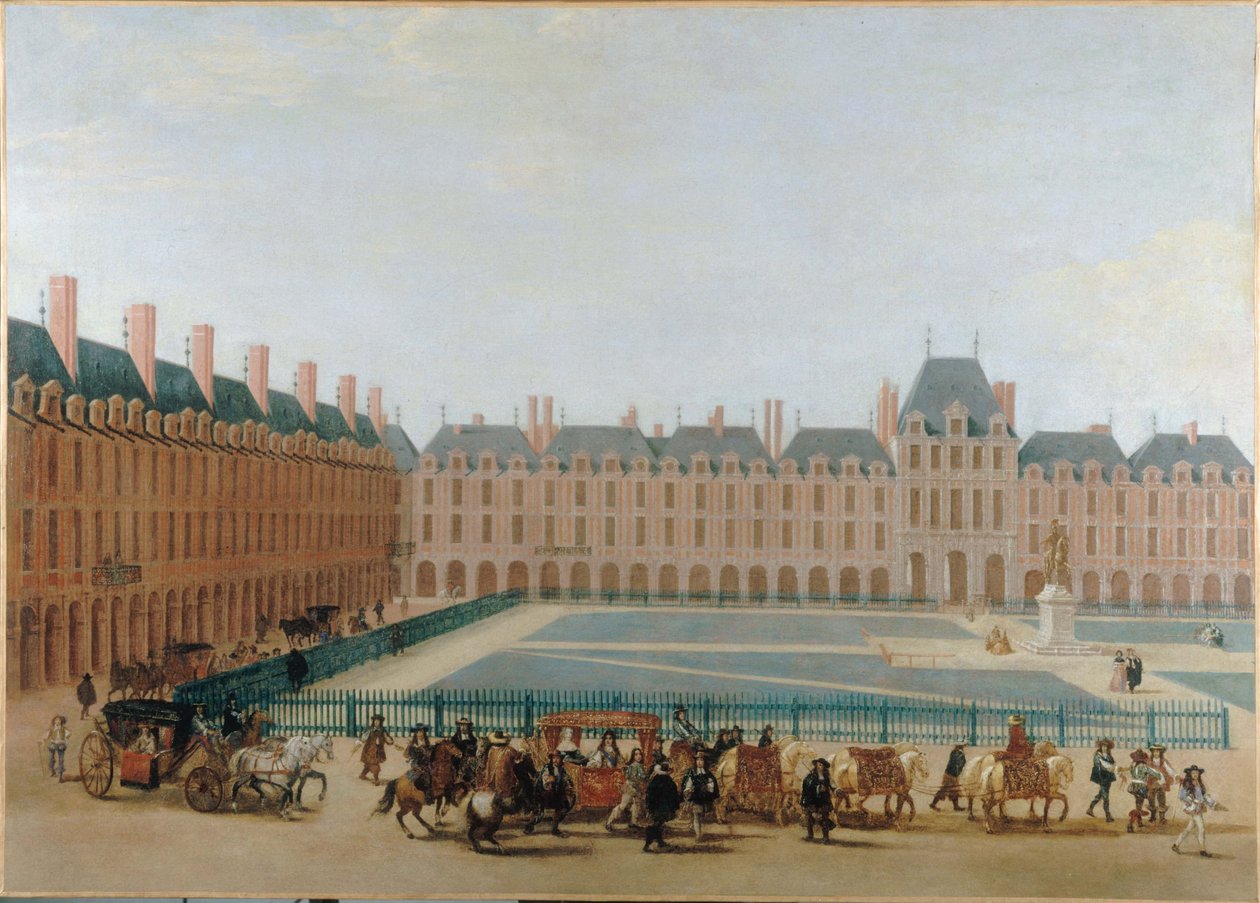 Place Royale, ca 1660; passage av kungens vagn. Nuvarande Place des Vosges, 4:e arrondissementet, ca 1655 -1665 (olja på duk) av Unknown artist