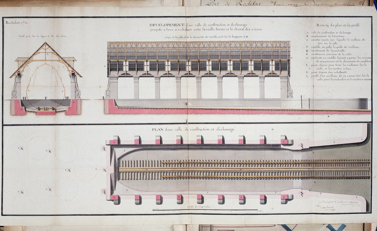 Plan över en byggnad och grundstötning av hamnen i Rochefort av Unknown artist