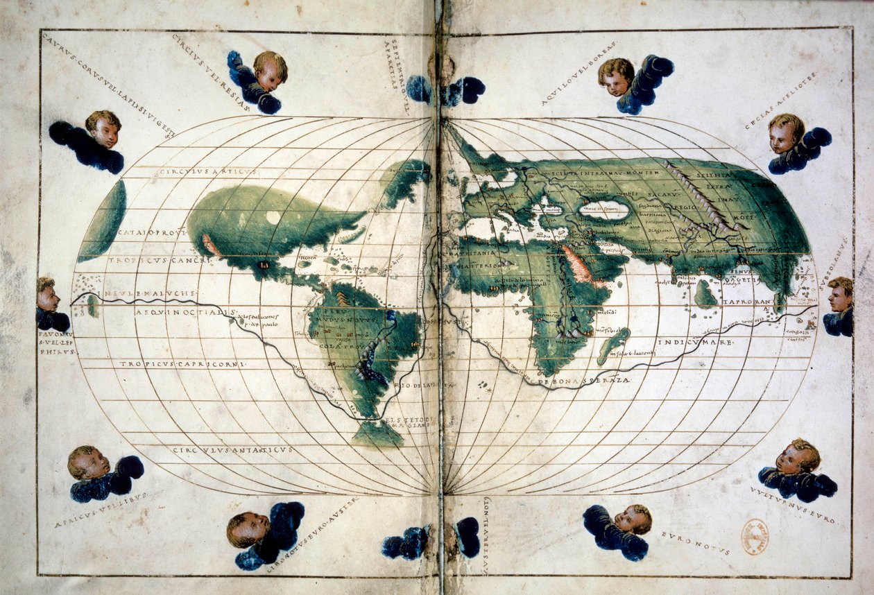 Planisphere (eller världskarta). Geografiskt diagram från Atlas of Battista Agnese (1500-1564), cirka 1543. Paris, B.N. av Unknown artist