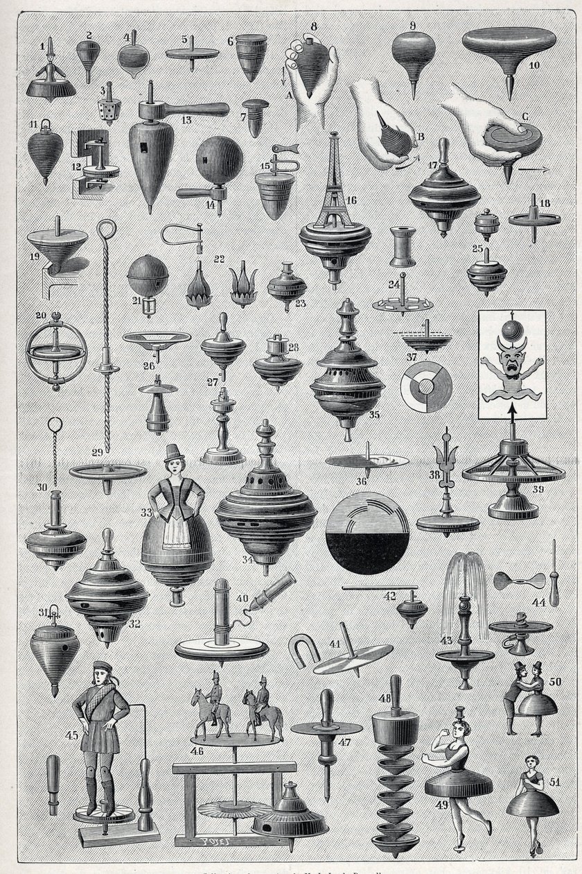 Tallrik som visar en samling spinnare med olika former och rotationssystem. Gravyr i "" La Nature"" av Unknown artist