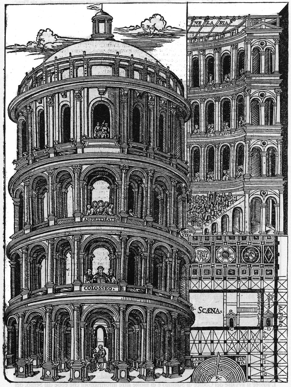Plåt hämtad från boken "" De architectura"", behandlar arkitekturen av Marcus Vitrubius Pollio dit Vitruvio (1:a århundradet f.Kr.), romersk arkitekt. Italiensk upplaga av Gianbaptista Caporali di Perugia 1536. av Unknown artist