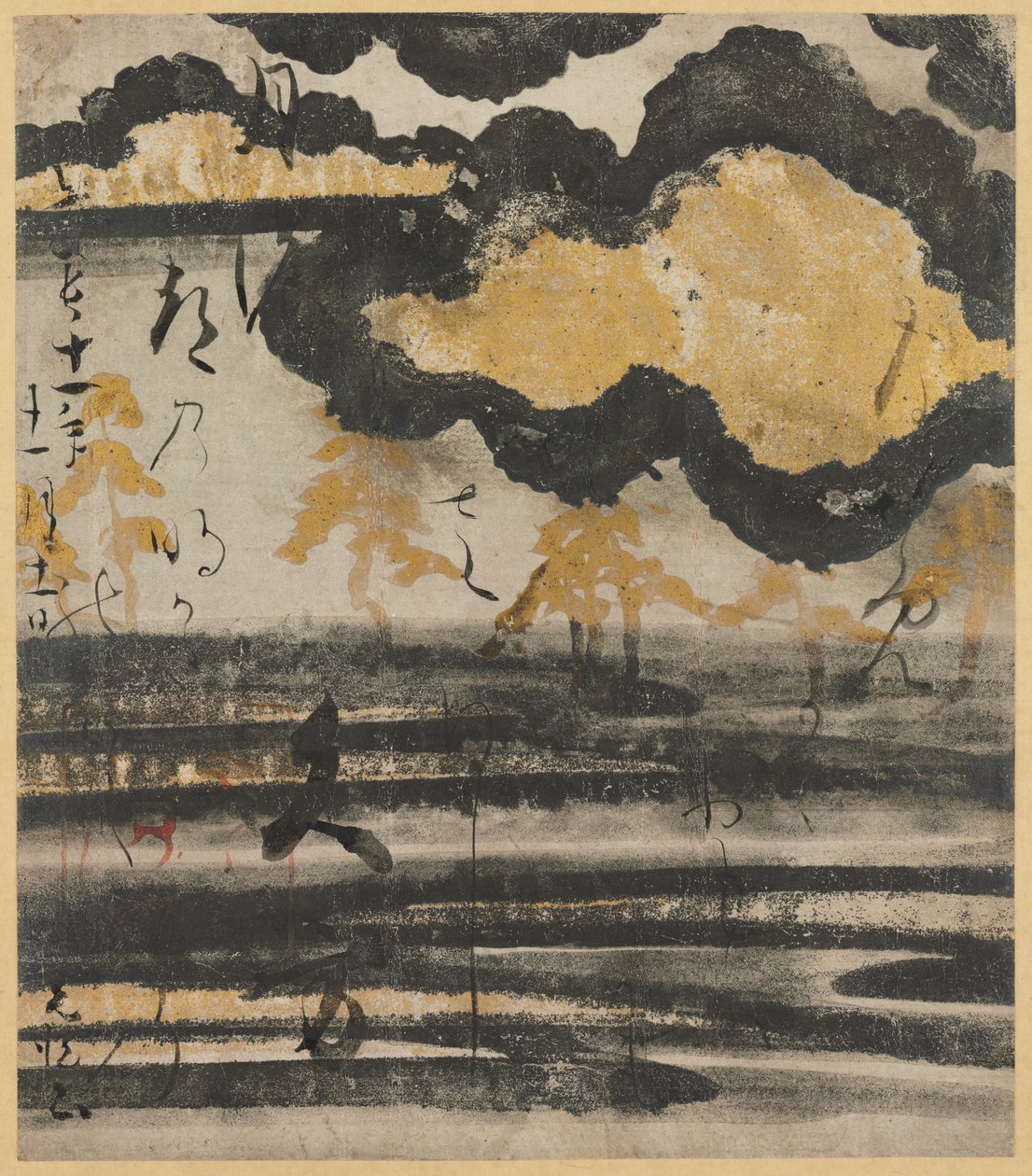 Diktkort från Shinkokin wakashu (ny samling japanska dikter från antiken och modern tid) med design av tall på en strand av Unknown artist