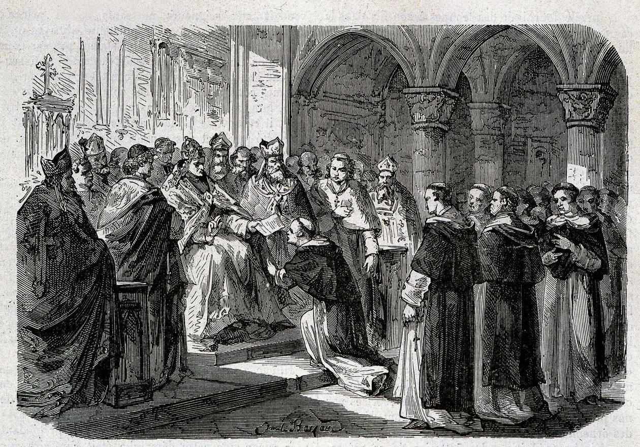 Påven Adrien II (792-872) överlämnade till en av sina legater en bubbla av bannlysning mot Lord Normand. Gravyr - i "" Påvarnas historia"", sd. 1800-talet. av Unknown artist