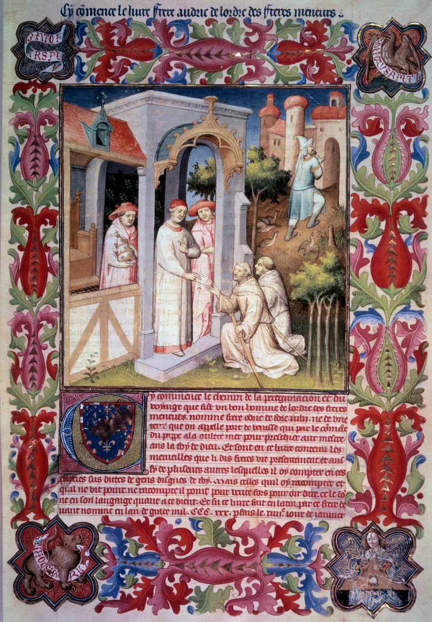 Påven Johannes XXII anförtror Odoric av Pordenone (franciskansk) uppdraget att evangelisera Overseas Sea. Män som leder rapphöns till Trabzon. Vapen och emblem av Jean Without Fears. Jean de Berrys vapen. Miniatyr i "" Itinerarium. Underverkens bok”, av Unknown artist