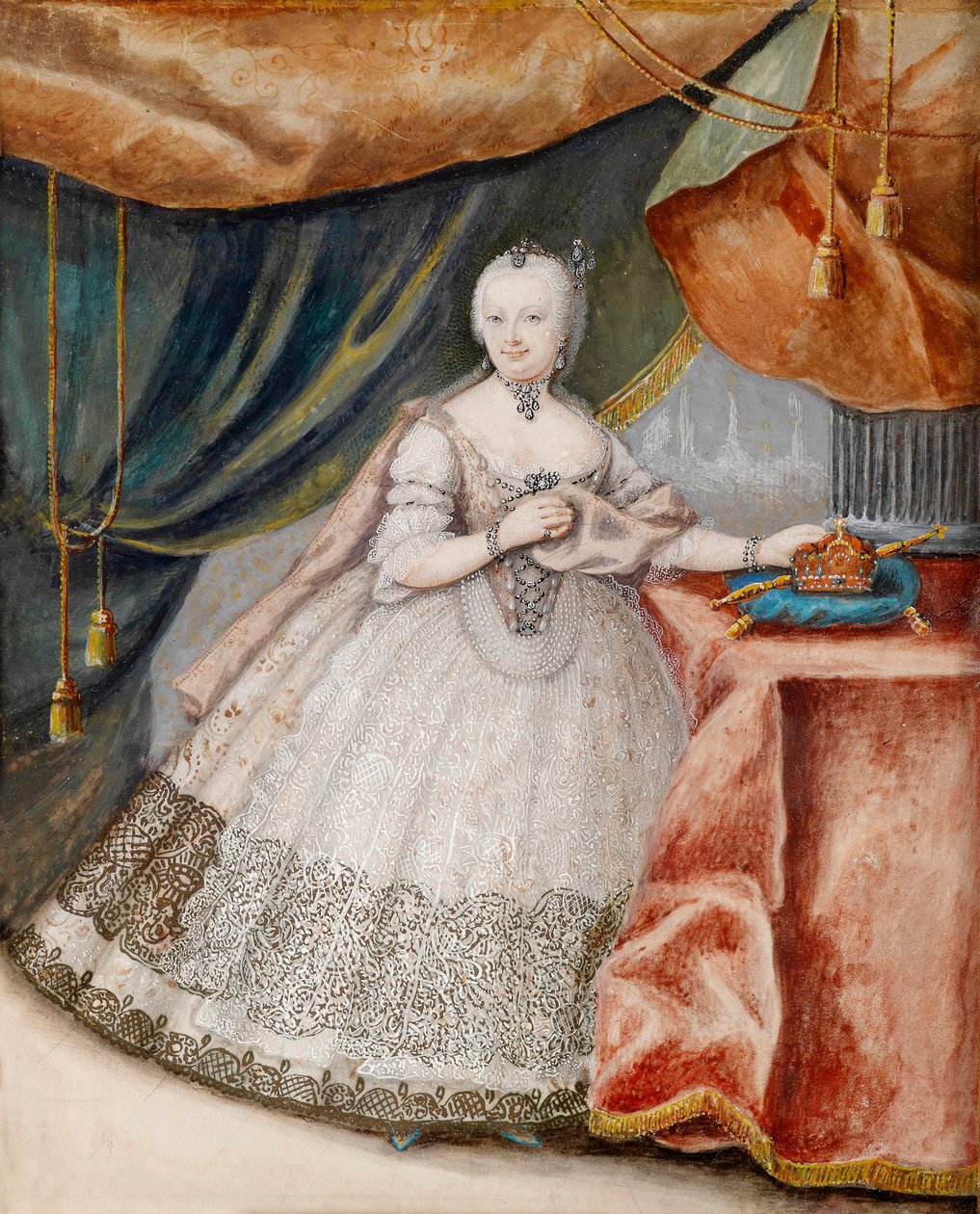 Porträtt av kejsarinnan Marie Therese av Österrike (1717-1780) i en lång spetsklänning. Anonymt verk, akvarell på pergament, ca 1740. Österrikisk konst av Unknown artist