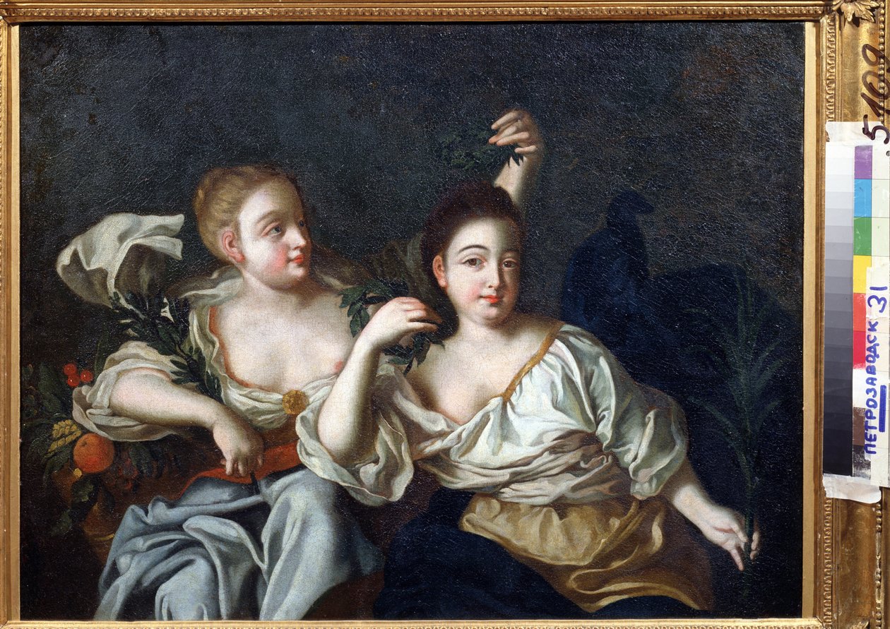 Porträtt av kejsar Peter den stores döttrar (Porträtt av Peter den stores döttrar). Anonym målning. Olja på duk, 69 x 84 cm, tidigt 1700-tal. Statens konstmuseum för Republiken Karelen, Petrosavodsk (Republiken Karelen). av Unknown artist