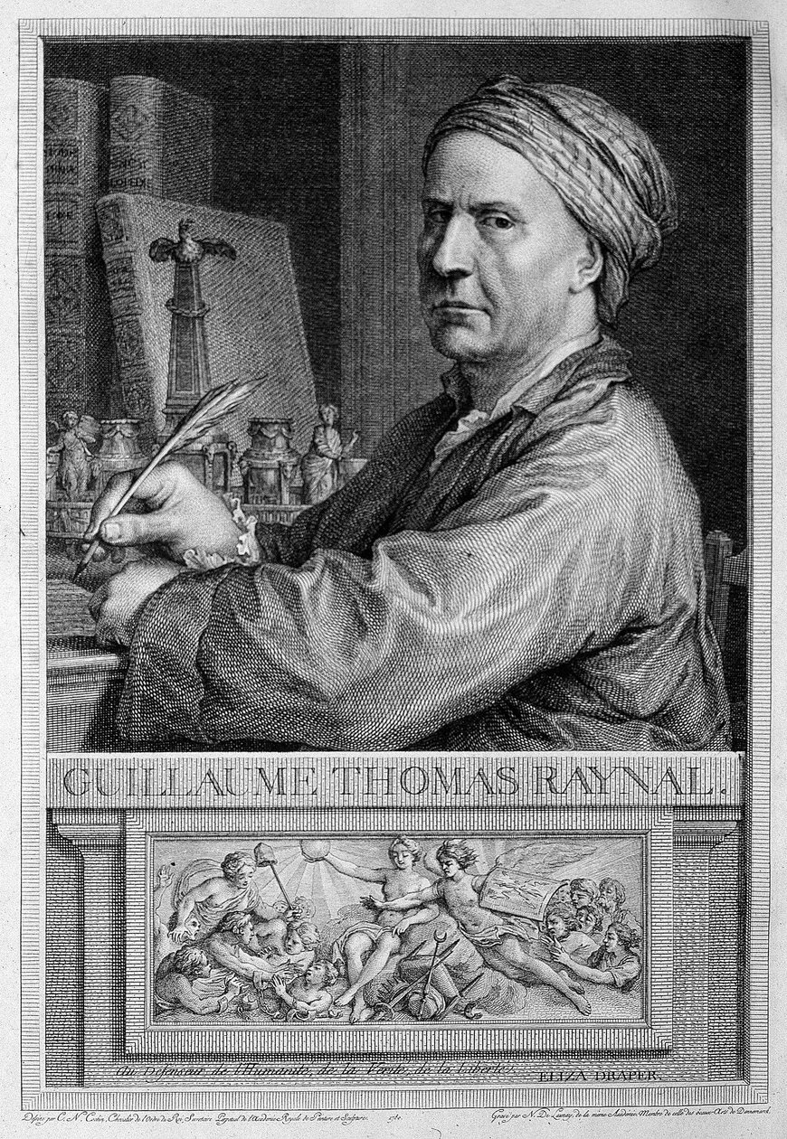 Frontispice-porträtt av Raynal - i "" Philosophical and Political History of European Settlements and Trade in the Two Indexes"" av Guillaume Thomas Raynal. av Unknown artist