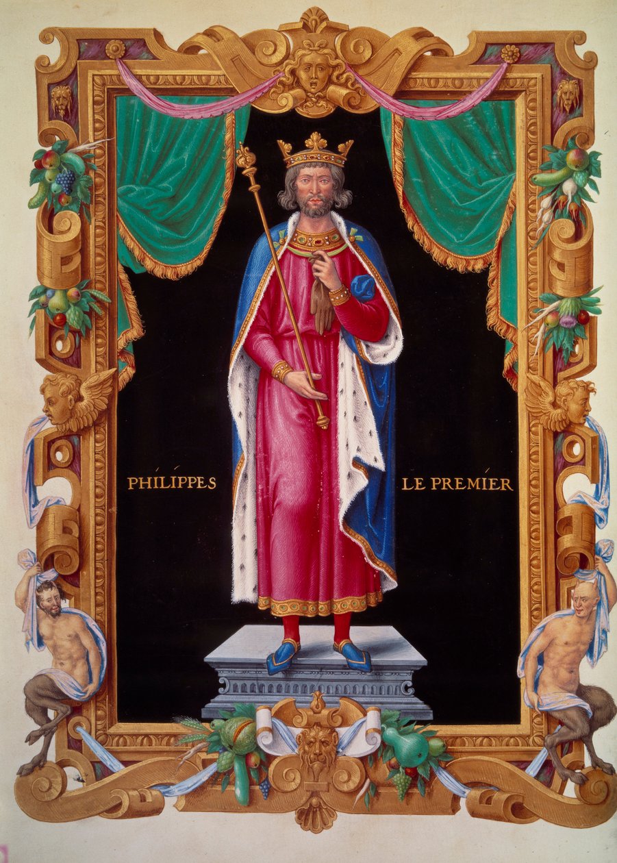 Porträtt till fots av kungen av Frankrike Filip I (1052-1108). Miniatyr i "" Collection of the kings of France"" av Jean du Tillet av Unknown artist