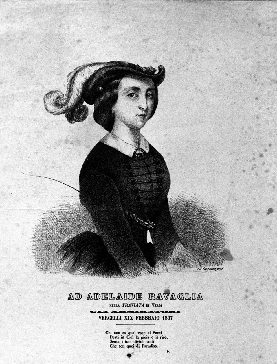 Porträtt av Adelaide Ravaglia i representationen av operan "La Traviata"" av Giuseppe Verdi från 1857. av Unknown artist