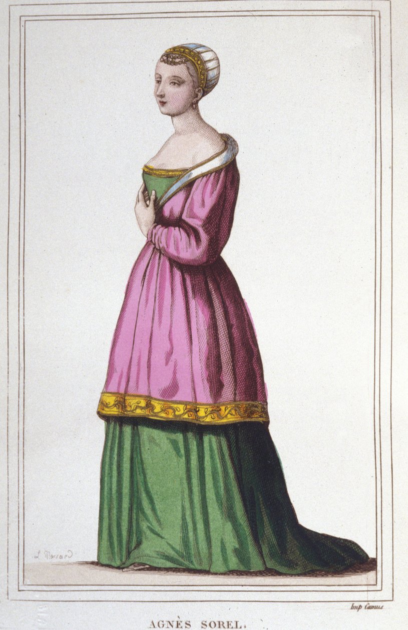 Porträtt av Agnes Sorel (1422-1450) (Lady of Beaute sur Marne) (Beaute-sur-Marne). Favorit hos kung Karl VII. gravyr från 1830 av Unknown artist