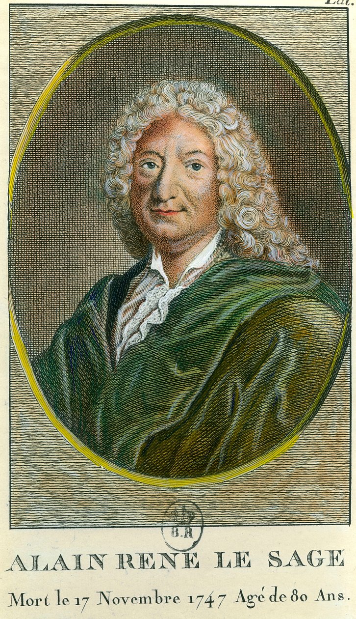 Porträtt av Alain Rene Lesage (Alain-Rene Le Sage) (1668-1747) fransk författare. Gravyr av 1700-talet. Privat samling av Unknown artist