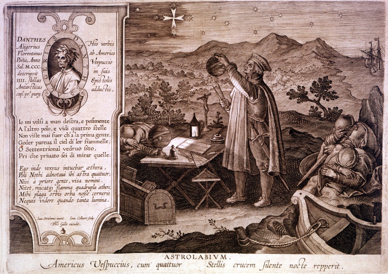 Porträtt av Amerigo Vespucci (1454 - 1512), italiensk navigatör, representerad när han använde en astrolabium. I en ruta till vänster finns ett porträtt av Dante Alighieri samt en passage av den första sången i skärselden av den gudomliga komedin. Gravyr f av Unknown artist