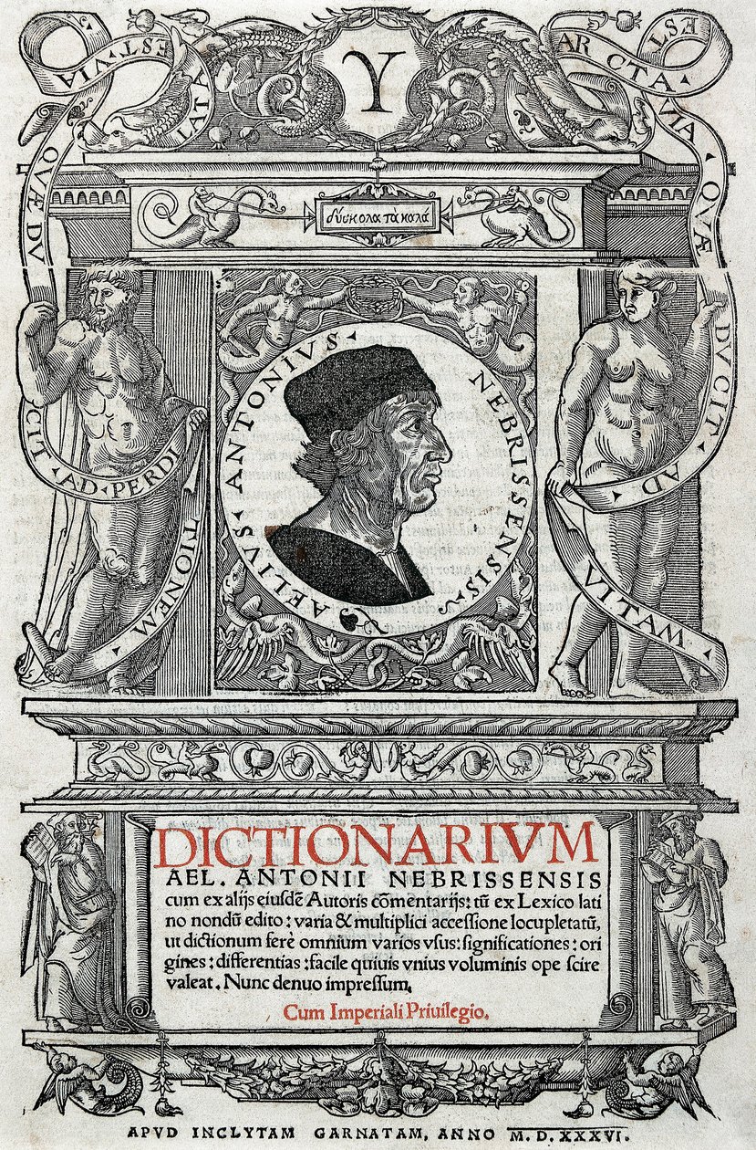 Porträtt av Antonio Martinez de Cala sa Antonio de Nebrija (1441-1522) spansk humanist och grammatiker. Guardpage av hans ordbok, publicerad 1536. National Library of Madrid. av Unknown artist
