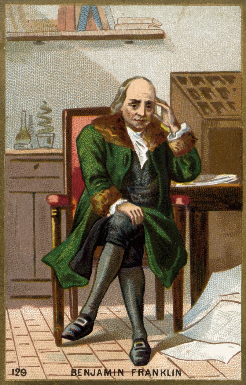 Porträtt av Benjamin Franklin (1706 - 1790), amerikansk politiker, minnesman, broschyr och fysiker. av Unknown artist