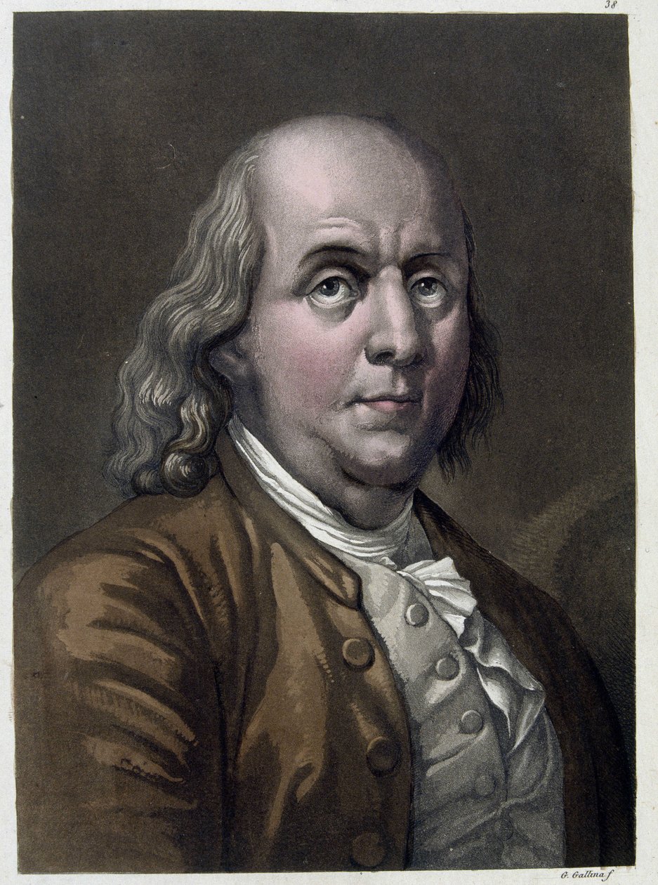 Porträtt av Benjamin Franklin, amerikansk politiker och fysiker (1706-1790) - i ""The Old and Modern Costume"" av Jules Ferrario 1819-1820 av Unknown artist