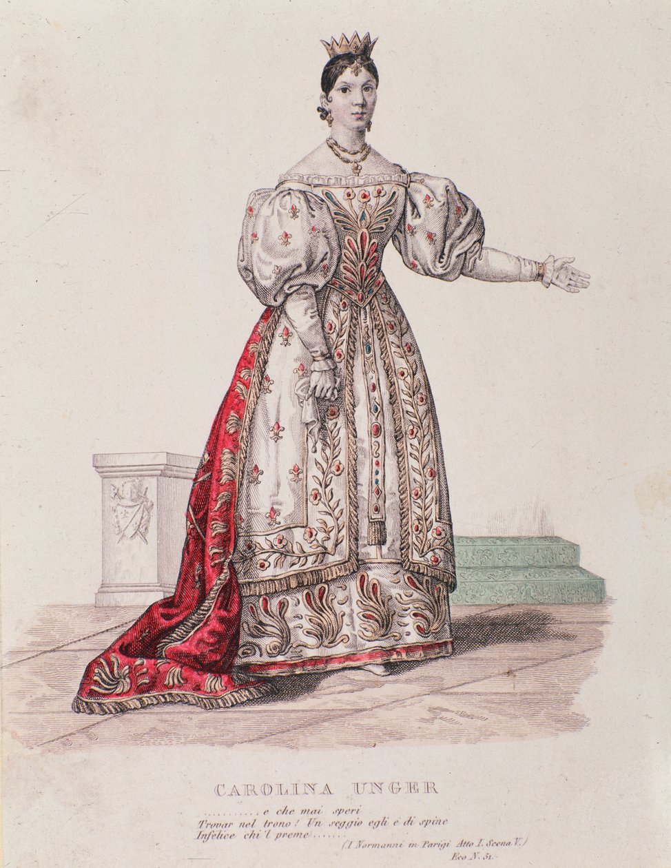 Porträtt av Caroline Ungher (Unger) som uppträder i I Normanni a Parigi (gravyr) av Unknown artist